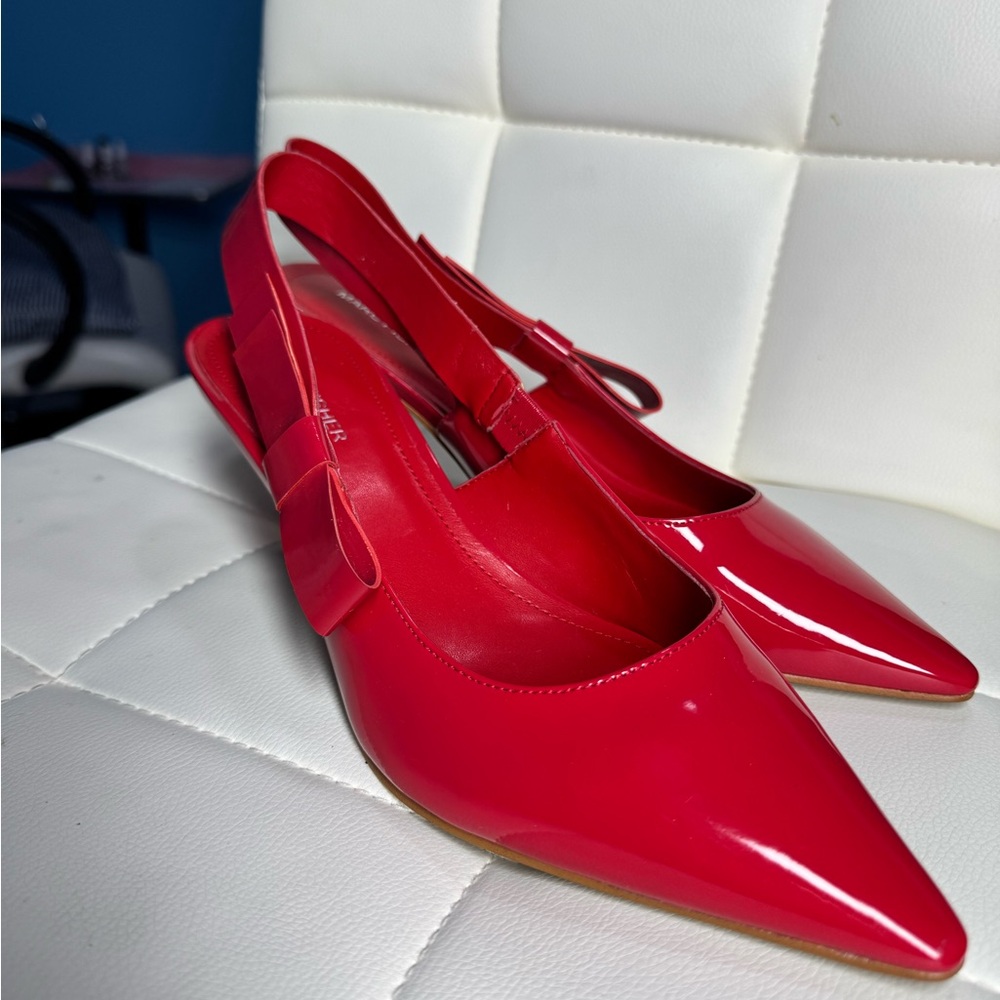 Red Patent Slingback Pointed-Toe Heels with Bow Accent - Picture 12 of 14